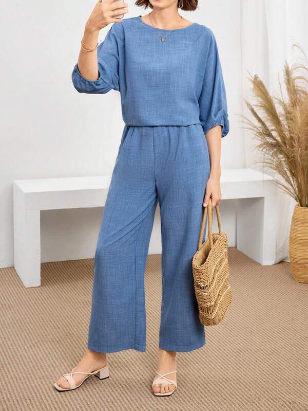 Miaspire 2pcs/Set Casual Denim Effect Round Neck Top And Long Pants