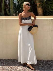 Livesso 女士夏季蕾丝拼接黑白撞色宽松吊带中长连衣裙舞会礼服度假装 - 白色 - 查看 5