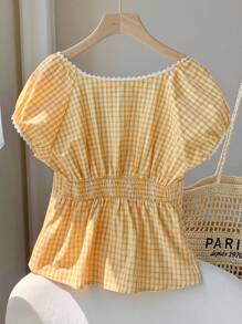 SHEIN EZwear Summer Casual Yellow & White Plaid Woven Ladies Blouse - Yellow - View 2