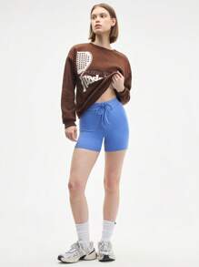 SHEIN Sports Short de sport décontracté pour femmes, unicolore, simple, taille haute avec cordon de serrage - Bleu azur - Voir 3