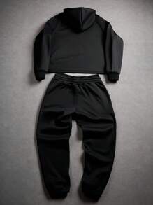 Manfinity EMRG 2pcs/Set Men's Casual Hooded Sweatshirt And Drawstring Pants Suit , Fall Clothes - Black - View 2