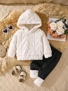 SHEIN 2 件婴幼儿女童休闲保暖羊毛连帽衫套装和黑色拼布裤，适合秋冬季日常穿着 - 杏色 - 查看 3