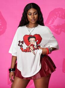 Slaydiva Betty Boop x SHEIN Kaos Ukuran Besar dengan Gambar Kartun, Leher Bulat Longgar, Bahu Jatuh, Lengan Pendek - Putih - View 3