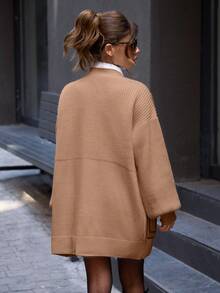 EURMUSE Knitwear Cardigan With Denim Detail Fall Winter Outwear Jacket - Beige - View 2