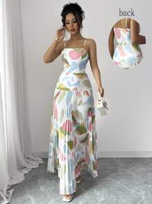 Elenzga 细肩带印花腰部褶皱宽松长款休闲连衣裙 - 彩色 - 查看 1