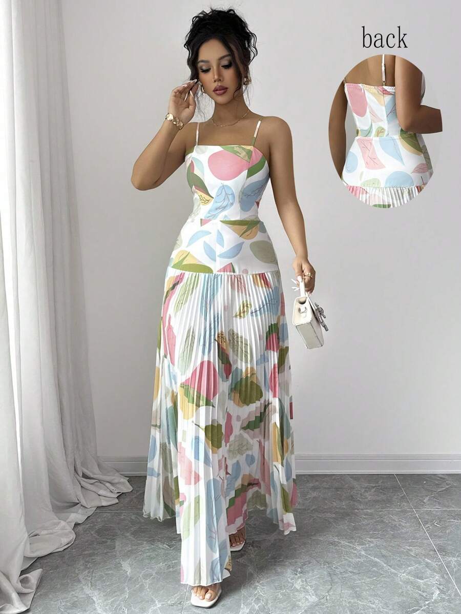 Elenzga 细肩带印花腰部褶皱宽松长款休闲连衣裙 - 彩色 - 查看 1
