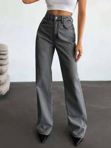 RueChic Calça jeans feminina de cintura alta com bolsos, reta, solta e casual, versátil