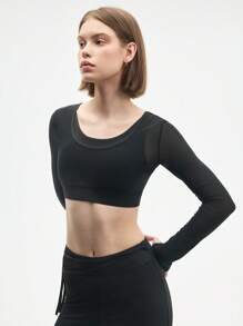 Gameset SHEIN Sport 女士纯色长袖超短运动文胸 - 黑色 - 查看 6