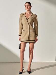 CLARA VERO 女士米色双排扣珍珠纽扣针织开衫 – 撞色饰边细节 – 优雅针织翻领夹克 – 时尚办公或休闲风格 - 駝色 - 查看 5