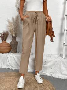 Breezaya Petite Quần dài thường ngày buộc túi phía trước màu trơn cho nữ, mặc hàng ngày - Màu Khaki - Xem 7