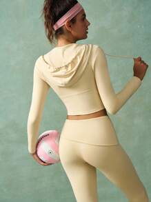 VARSIVA Women Solid Color Hooded Zipper Jacket And Pants Workout Women Sets - Yellow - View 2