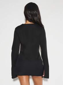 KIZN 黑色修身束身胸衣，方领长喇叭袖，哥特风晚宴派对现代时尚开衩袖口，夜店必备修身胸衣