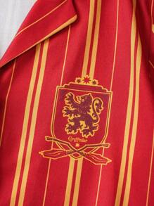 HARRY POTTER X SHEIN 青少年女孩复古校园风格勃艮第格兰芬多条纹印花衬衫和短裤两件套家居服睡衣套装，适合夏季 - 酒紅色 - 查看 4