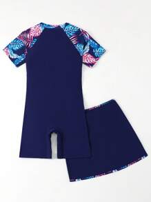 SHEIN 少女夏季海滩度假拼布热带印花连体泳衣（带罩衫和裙子） - 藏蓝色 - 查看 3