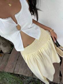 SHEIN EZwear Damen Urlaubs Raffung Taille gestreifte Volant Lässig gelber Rock