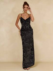 SHEIN BAE Váy thiết kế sequin hoa cho nữ, thanh lịch cho những dịp tiệc tùng - màu đen - Xem 4