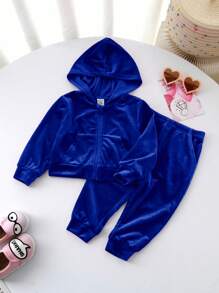 SHEIN 时尚可爱丝绒长袖连帽外套和松紧腰裤两件套女婴运动服休闲套装，蓝色丝绒运动服秋冬款 - 藏蓝色 - 查看 2