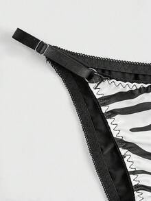 ROMWE J-Fashion Y2K Retro Zebra Print Lace-Up Underwire Sexy Lingerie Set For Women - Black and White - View 3