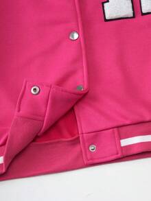 SHEIN 青少年女孩休闲日常撞色字母植绒纽扣棒球夹克