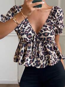 Livesso Women Leopard Print Tie Front Casual T-Shirt, For Spring/Summer Vacation