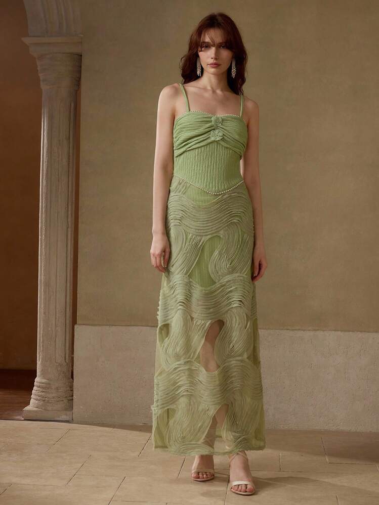 MOTF PREMIUM Vestido largo tipo camiseta con panel transparente, busto fruncido y detalle de perlas de imitación - Verde - Añade 4