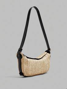 Ontre Bolso de hombro con patrón de esterilla de paja - Negro - Ver 2