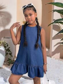 SHEIN Tween Girls Summer Fall Casual Solid Washed Button Back Open Back Ruffle Hem Denim Dress Without Sleeves,Suitable For Daily Travel, Outdoor, Home, Brunch, Tea Party, Commute, Airport Wear,Girls Autumn Fall Clothes Outfits,Kids Back To School Clothes,Country Concert Outfit Girls Denim,Dress Denim Dress For Tweens, Tween Girls Casual Dress, Sleeveless Denim Dress, Girls Summer Dress, Girls Denim Dress, Girls Ruffle Denim Dress Winter