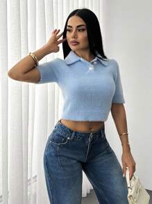 EURMUSE Pulover de damă cu imprimeu strălucitor pear stone, albastru deschis - Bleu - Vizualizare 4