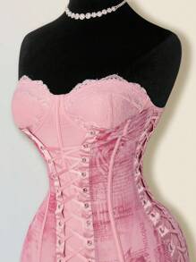 SHEIN ICON 复古宫廷碎花侧绑带重质感鱼骨设计连衣裙 - 紅色 - 查看 4