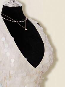 SHEIN ICON Bộ 2 món váy cưới hở vai đính sequin lấp lánh dự tiệc màu sâm panh thanh lịch và váy ngắn cạp thấp dành cho nữ - Màu be - Xem 5