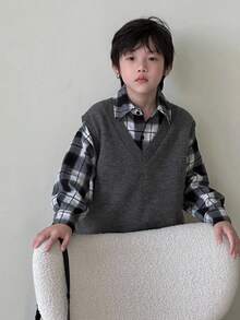 DAZY Áo len cổ chữ V cho bé trai, dáng rộng, màu trơn, phong cách cơ bản, mùa thu - Xám - Xem 7