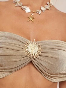 Lumalex 秋季假日派对装扮 老钱锐舞音乐节外出游泳度假优雅复活节波西米亚风海滩热门户外层次丰富的婚礼季宴会成人礼海滩海边金属装饰褶皱露肩短款上衣和裙子性感两件套女士米金色阳光两件套沙滩两件套 - 駝色 - 查看 5