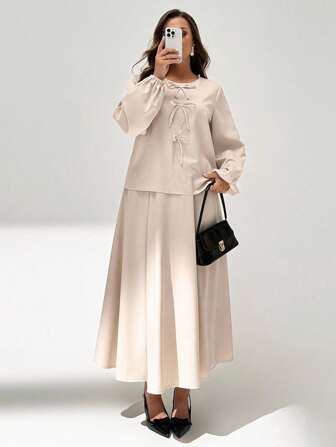 Auralis 大码休闲通勤纯色蝴蝶结装饰衬衫和裙子套装