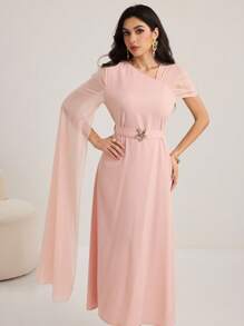 Modelyn Trang trí khóa kim loại bất đối xứng, áo choàng bằng vải chiffon tay lớn, váy bó eo - Hồng - Xem 6