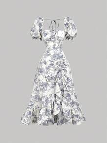 SHEIN MOD 蓝白花卉泡泡袖系腰开衩下摆中长连衣裙、度假、派对、茶会礼服、复古连衣裙、茶会礼服、外出礼服、女士舞会礼服、褶饰连衣裙 - 藍白色 - 查看 2