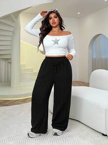 SHEIN EZwear 大码女式休闲纯色罗纹抽绳腰部宽松阔腿裤 - 灰色 - 查看 4