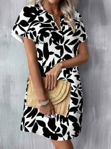 SHEIN LUNE Casual Floral Print V-Neck Short Dress For Women, Suitable For Spring & Summer - Multicolor - View 4