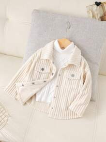 SHEIN Baby Girl Front Button Pocket Casual Versatile Long Sleeve Jacket,In Fall/Winter - Beige - View 3