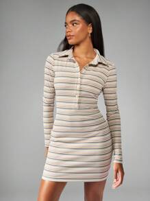 MISSGUIDED Vestido mini con botones, cuello y manga larga de punto acanalado con patrón de rayas retro, de ajuste ceñido, en estilo Y2K de los 90, para otoño, invierno y primavera - Multicolor - Ver 1