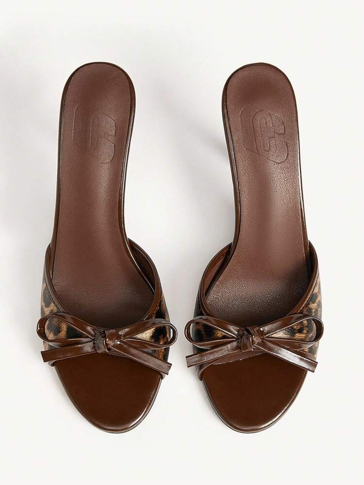 CUCCOO CHICEST Brown Leopard Pattern Bow Decor Open Toe Slip-On Mules, Vintage High Heel Sandals, Comfortable For Summer Wear For Christmas Elegant Shoes Wedding Shoes Summer Shoes Bride Shoes