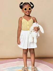 女童纯色纽扣设计针织吊带背心 - 黃色 - 查看 4