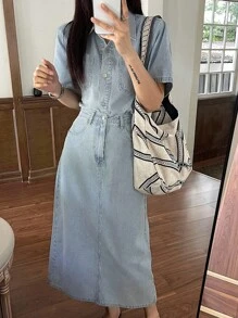 DAZY 女士纯色短袖衬衫和牛仔裙套装 - 中等水洗藍 - 查看 6