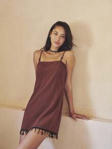Nöista Earthy Brown Straight-Cut Summer Slip Dress With Thin Straps And Tassel Hem. Lightweight Breathable Fabric Fits Summer Dresses For Women, Summer Outfits For Women, Cute Summer Tops, Women's Summer Clothes, Plus Size Summer Clothes, And Perfect For Vacation Or European Summer Style. Ideal For Casual 4th Of July Outfit Women.