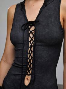 SHEIN Unity Mono de mujer con capucha, de color liso, con diseño hueco y cordones, de estilo sexy - Negro - Ver 3