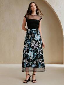 Anewsta 女士优雅时尚串珠刺绣中长裙，春夏款 - 藍色 - 查看 2