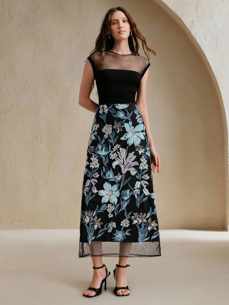 Women's Elegant & Fashionable Beaded Embroidery Midi Skirt, Spring/Summer