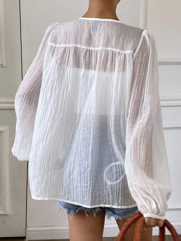 Women's Solid Color See-Through Off-The-Shoulder Lantern Sleeve Tie-Up Casual Loose Blouse, Summer Long Sleeve Top Vacation