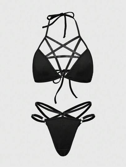 Grunge Punk Ensemble de lingerie sexy pour femme avec motif pentagramme ajouré, style punk sombre pour festival de musique