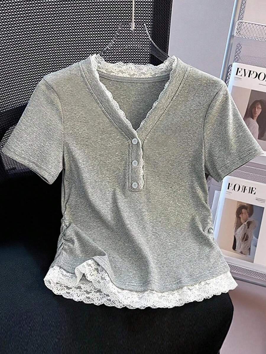 INAWLY Áo thun tay ngắn màu trơn dành cho nữ, thời trang và phù hợp cho mùa hè - Xám - Xem 1