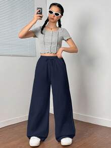 SHEIN 少女纯色梭织宽松抽绳阔腿裤 - 藏蓝色 - 查看 5